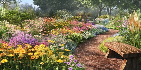 Obraz premium Illustration of Wooden bench in a beautiful flower garden on a sunny summer day 