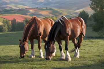 Fototapeta premium photo of a pair of brown horses grazing peacefully in a lush green pasture in Seydişehir. 