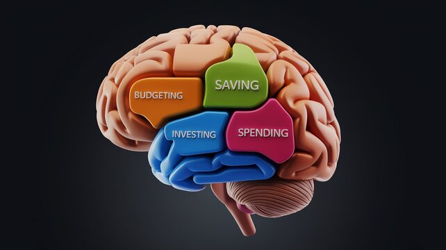 3D Illustration of a brain with budget, save, invest, and spend concepts shown.