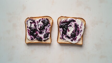 Top View of Toasted Bread Slices with Swirled White Cream and Dark Purple Berry Jam on Light Surface, Marbled Contrast and Golden-Brown Crust