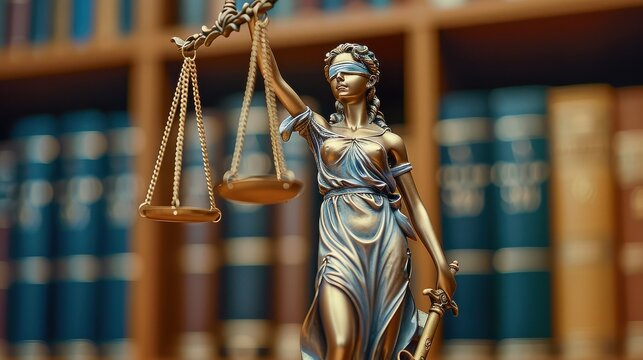 Roman Goddess Justitia Statue on Law Book Shelf.