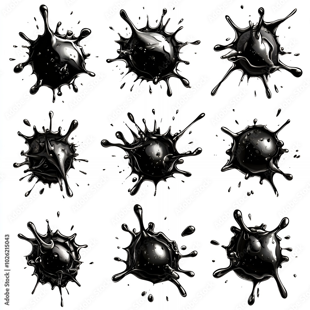 Sticker Collection of black liquid splatters.