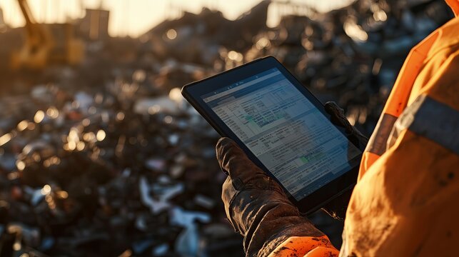 Waste management worker analyzing data on tablet in junkyard - Powered by Adobe