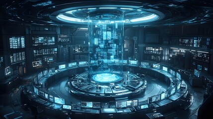 Obraz premium A high-tech circular lab with glass walls, interactive workstations surrounding a central AI-powered experiment pod, softly glowing in blue and white light