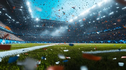A hyper-realistic 3D render of a soccer stadium packed with fans, confetti flying through the air as the crowd celebrates a dramatic goal