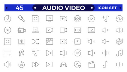 Audio and video web icons set in Outline design. Pack of camera movie, voice, radio, music streaming, photography, headphones, cinema, podcast, broadcasting, other.