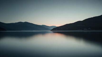 Fototapeta premium Serene twilight over a tranquil lake surrounded by mountains in a peaceful landscape