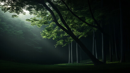 Fototapeta premium Sunlight filters through trees in a serene forest during a tranquil early morning