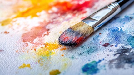 Obraz premium close-up of a watercolor brush with a splash of paint on a white palette soft shadows minimalist composition ideal for art-related content and hobby blogs.