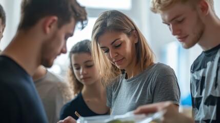 Obraz premium Group helping at shelter, diverse group including a middle-aged Hispanic woman with brown hair and a young white man with blonde hair, copy space