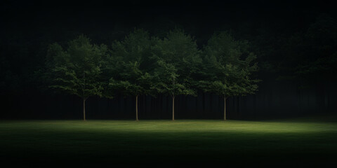 Tranquil nighttime landscape featuring four trees illuminated by soft light in a dark forest