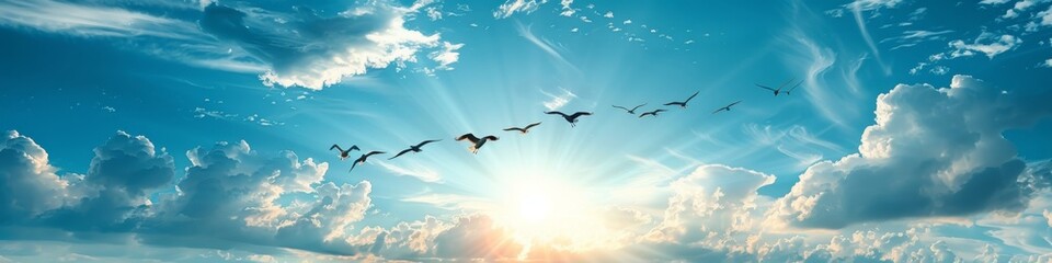 Obraz premium Flock of birds flying across a bright sky with sunbeams and clouds.