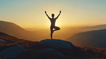 Man doing yoga on mountain, sunrise, minimal elements, clean background, copy space