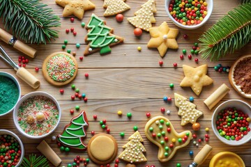 Holiday border of christmas cookies and candy on wooden table ready for decorating