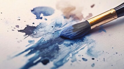 Fototapeta premium close-up of a watercolor brush with a splash of paint on a white palette soft shadows minimalist composition ideal for art-related content and hobby blogs.
