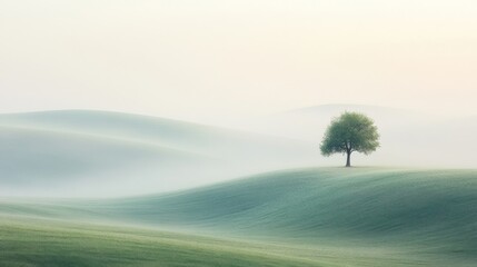 Fototapeta premium Solitary Tree in a Misty Field with Rolling Hills