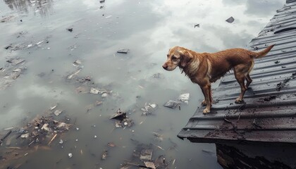 A dog stands on a roof edge overlooking a polluted water body filled with debris.
