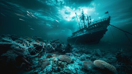 Underwater Scene of a Sunken Trawler in Protected Waters
