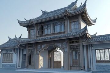 Obraz premium Intricately designed traditional architecture in a serene courtyard during daylight