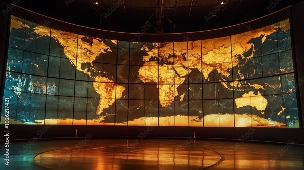 Poster an impressive view of a large curved digital display wall, highlighting various detailed maps of the