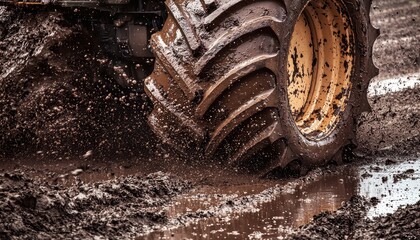 A close-up of a tractor tire in muddy terrain, showcasing its grip and the splashes of mud as it works the field.