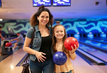 A mother and her daughter are going to the bowling alley