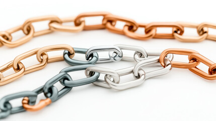 Obraz premium Close-up view of three intertwined metal chains in different colors, including gold, silver, and black, on a white background. The chains have a glossy and smooth finish.