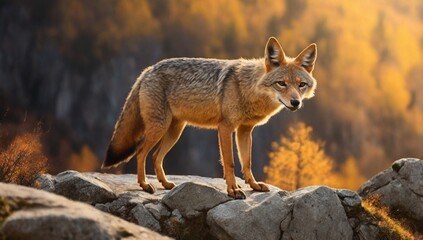 Obraz premium Golden jackal searching for food in the Rhodope mountains. Jackal moving in the Bulgaria mountains. Carnivore during winter. European nature. Canine predator on the rock. 