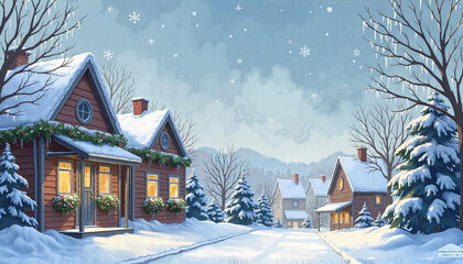 Fototapeta premium Cozy Winter Village Glowing Peacefully Against Snowy Night Sky