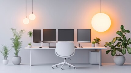Modern Empty Workspace with Plants and Monitors