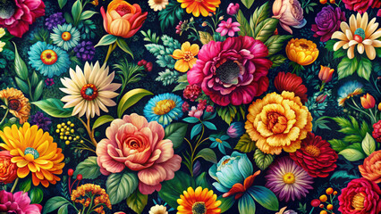 vibrant floral wallpaper featuring variety of beautiful flowers in rich colors, creating lively and cheerful atmosphere. intricate details and diverse blooms evoke sense of joy and natures beauty