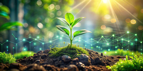 green plant grows through soil, symbolizing new beginnings and vitality. sunlight enhances its vibrant leaves, creating serene and hopeful atmosphere