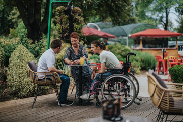 A group of three friends, including one in a wheelchair, sharing a pleasant conversation at an outdoor cafe. The setting is casual and filled with greenery, fostering a cheerful and inclusive