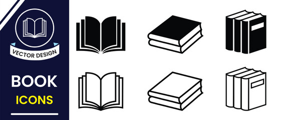 Book icons, vector set. Open book vector, icon, sign and symbol. Book silhouette, magazine, e-book and more. Simple book symbol design for logo, app, website. Vector illustration.