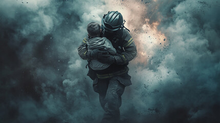 Fototapeta premium Firefighter rescuing a child from a smoke-filled room