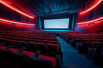 A row of seats with a wide format blank screen and a stage on it