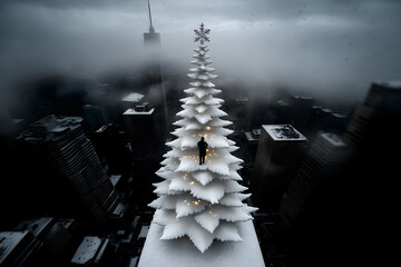 Obraz premium Giant snow-covered Christmas tree towering over city skyline with person standing mid-way