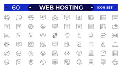 Web Hosting outline web icons set. Web hosting, server, CDN, VPN, domain, FTP, internet, backup, SSL, database and firewall.