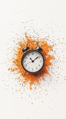 Alarm clock surrounded by colorful sprinkles on a white background.