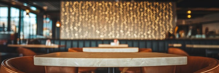 Wood Table Top on Blur Light Gold Bokeh of Cafe Restaurant in Dark Background.