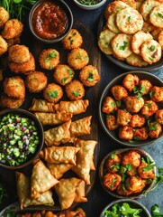 Cookbook background - products for preparing party recipes. a variety of snacks and dishes for a party, menu idea. food collage of food in plates, options.