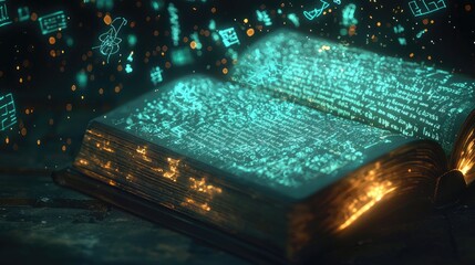 A glowing book with mathematical equations and symbols floating around it, on a dark background, symbolizing the power of knowledge. Realistic photography style.