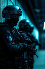 Fototapeta premium A group of heavily armed tactical operatives stands ready, showcasing their intense focus and dedication in a dimly lit urban environment, embodying the essence of precision and teamwork.