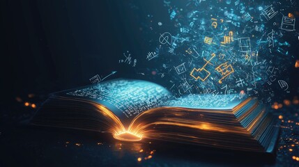A glowing book with mathematical equations and symbols floating around it, on a dark background, symbolizing the power of knowledge. Realistic photography style.