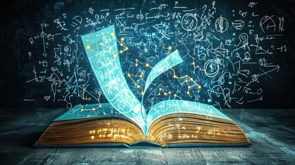 A glowing book with mathematical equations and symbols floating around it, on a dark background, symbolizing the power of knowledge. Realistic photography style.