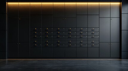 A black room with a row of metal safes