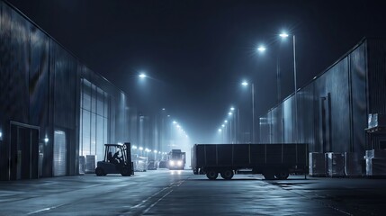 Forklift and truck operating in logistics hub at night