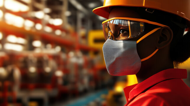 A dedicated industrial worker, equipped with an orange hard hat and protective eyewear, observes operations intently while maintaining safety protocols with a mask