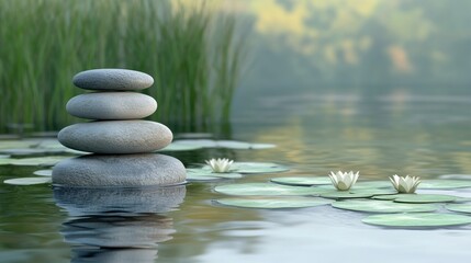 Obraz premium Stacked Stones and Water Lilies in a Serene Pond