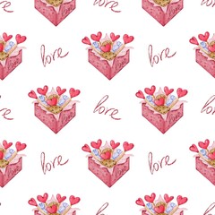 Valentine pattern, Hearts pattern, Love pattern, Cute print background, Holidays watercolor pattern